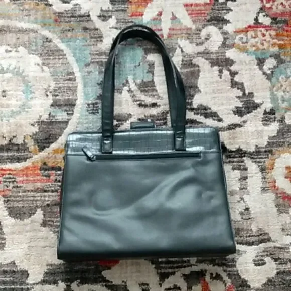 EUC BUXTON Black Leather Briefcase/Computer Bag w/Silver Hardware 13x16 in. - Picture 2 of 11